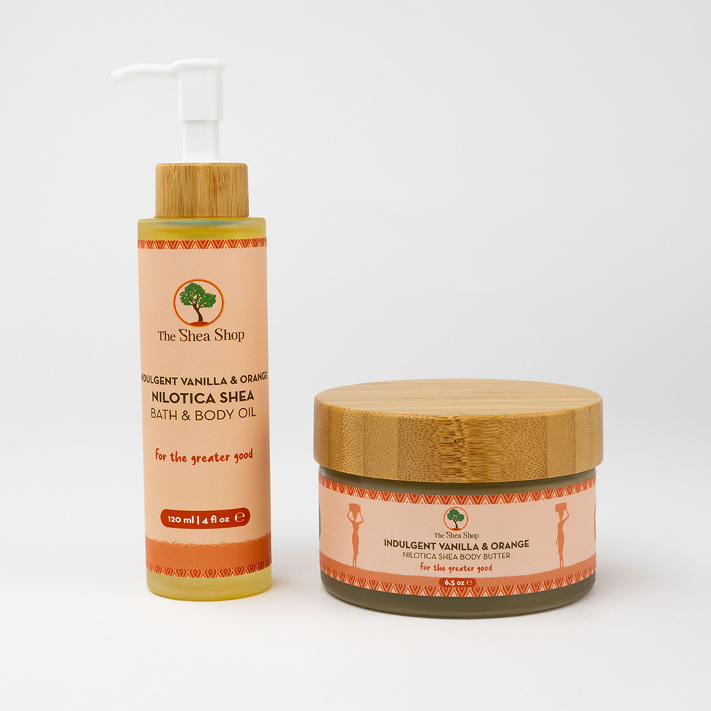 Indulgent Vanilla & Orange Bundle: Nilotica Shea Body Butter 6.5oz + Bath & Body Oil 120ml - The Shea Shop